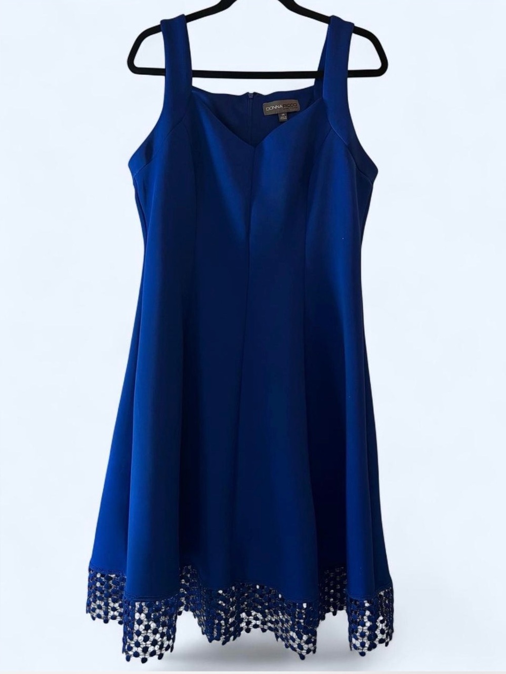 Donna Ricco Cobalt Blue Sleeveless A-Line Dress with Crochet Hem XL